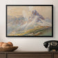 From the Dolomites, 1904 by Edward Theodore Compton in a black floater framed canvas displayed above a console table in a hallway, featuring a realistic mountain view with strong geological forms.