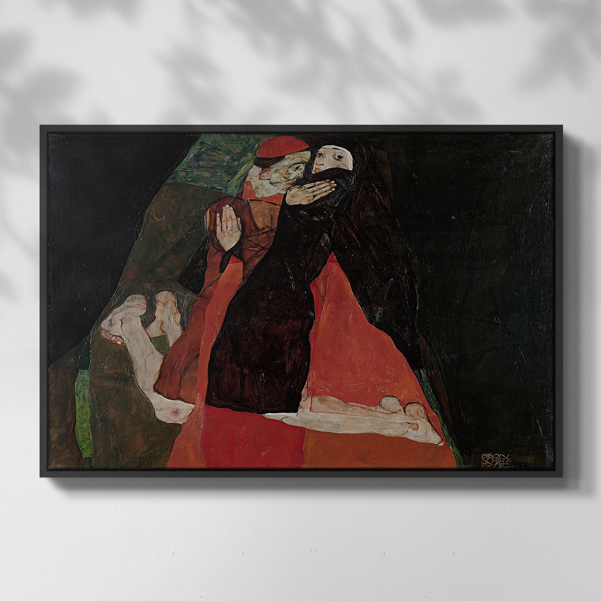 Front view of Cardinal and Nun (Caress), 1912 by Egon Schiele in a black floater framed canvas.