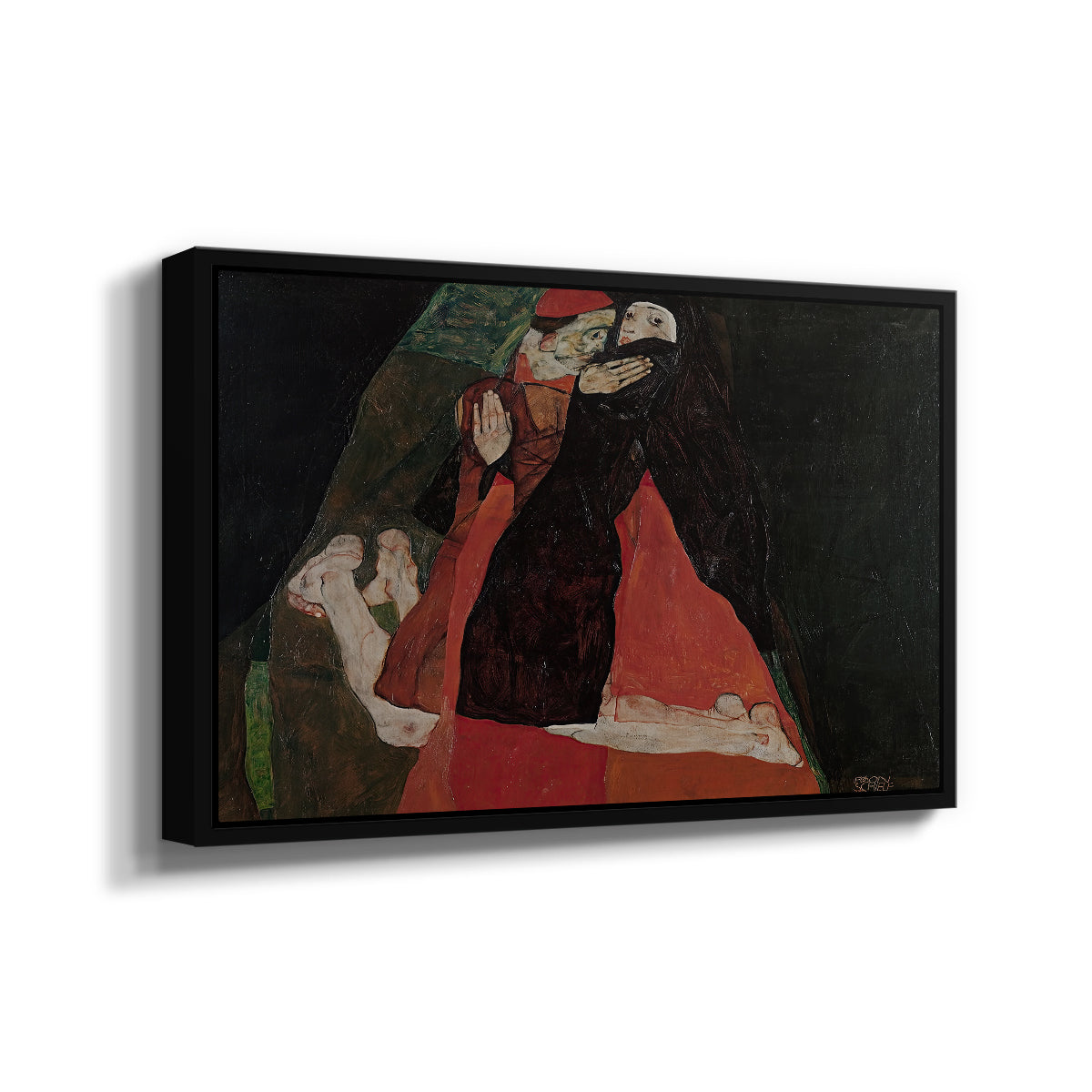 Angled view of Cardinal and Nun (Caress), 1912 by Egon Schiele in a black floater framed canvas.
