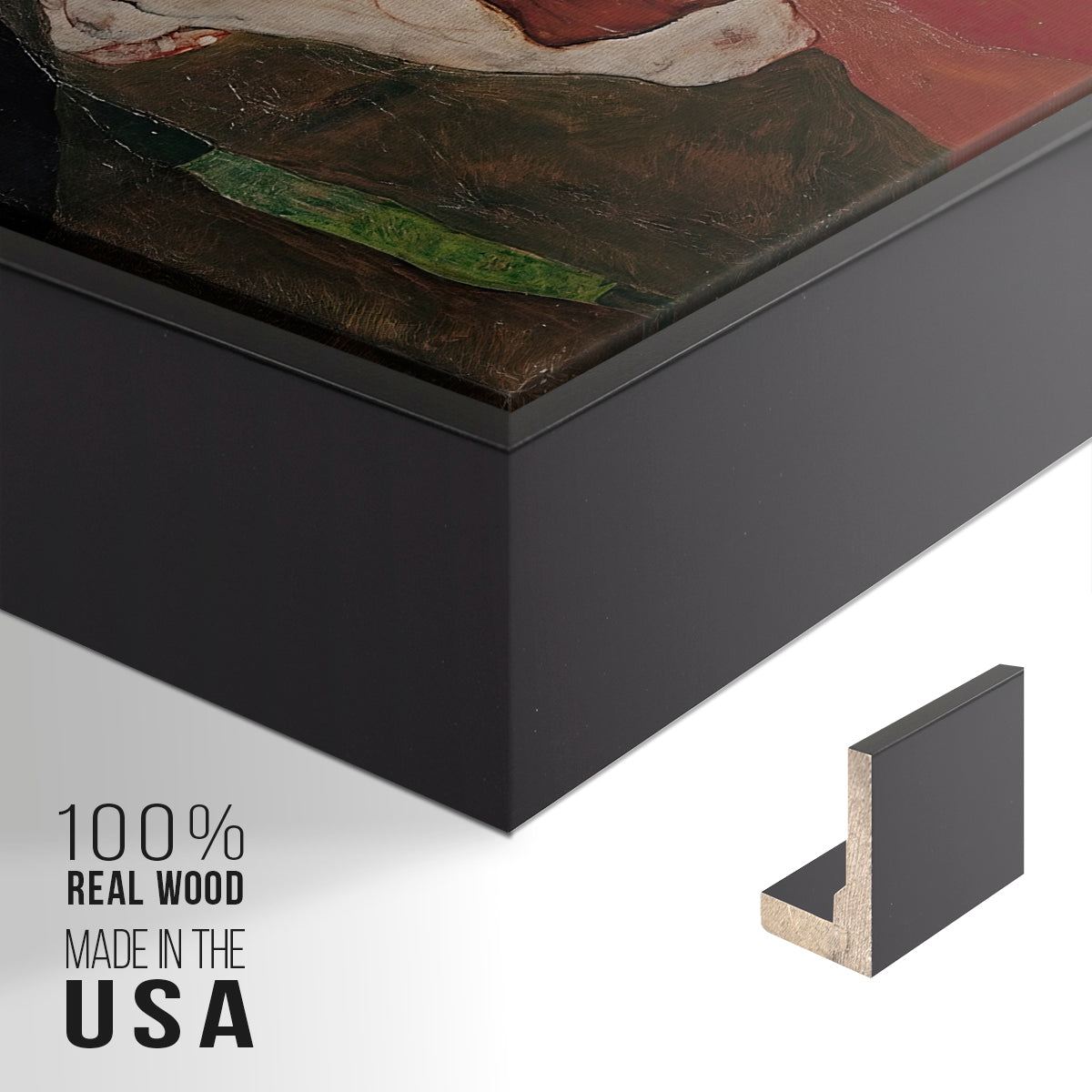 Close-up of the black floater frame corner and gallery wrapped canvas construction.