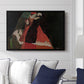 Cardinal and Nun (Caress), 1912 by Egon Schiele displayed above a sofa in a living room in a black floater frame, featuring a cardinal and nun depicted in close emotional interaction.