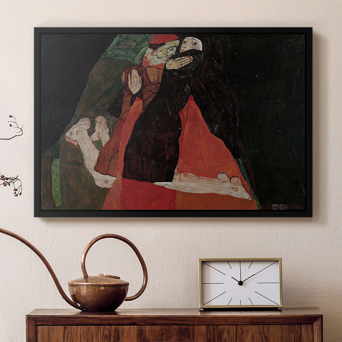 Black floater framed canvas featuring an expressive painting of figures entwined with bold lines and color, displayed above a cabinet in a soft-toned living room.