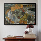 Black floater framed canvas featuring Crescent of Houses II (Island Town), 1915 by Egon Schiele above an entryway table in a minimalist foyer.