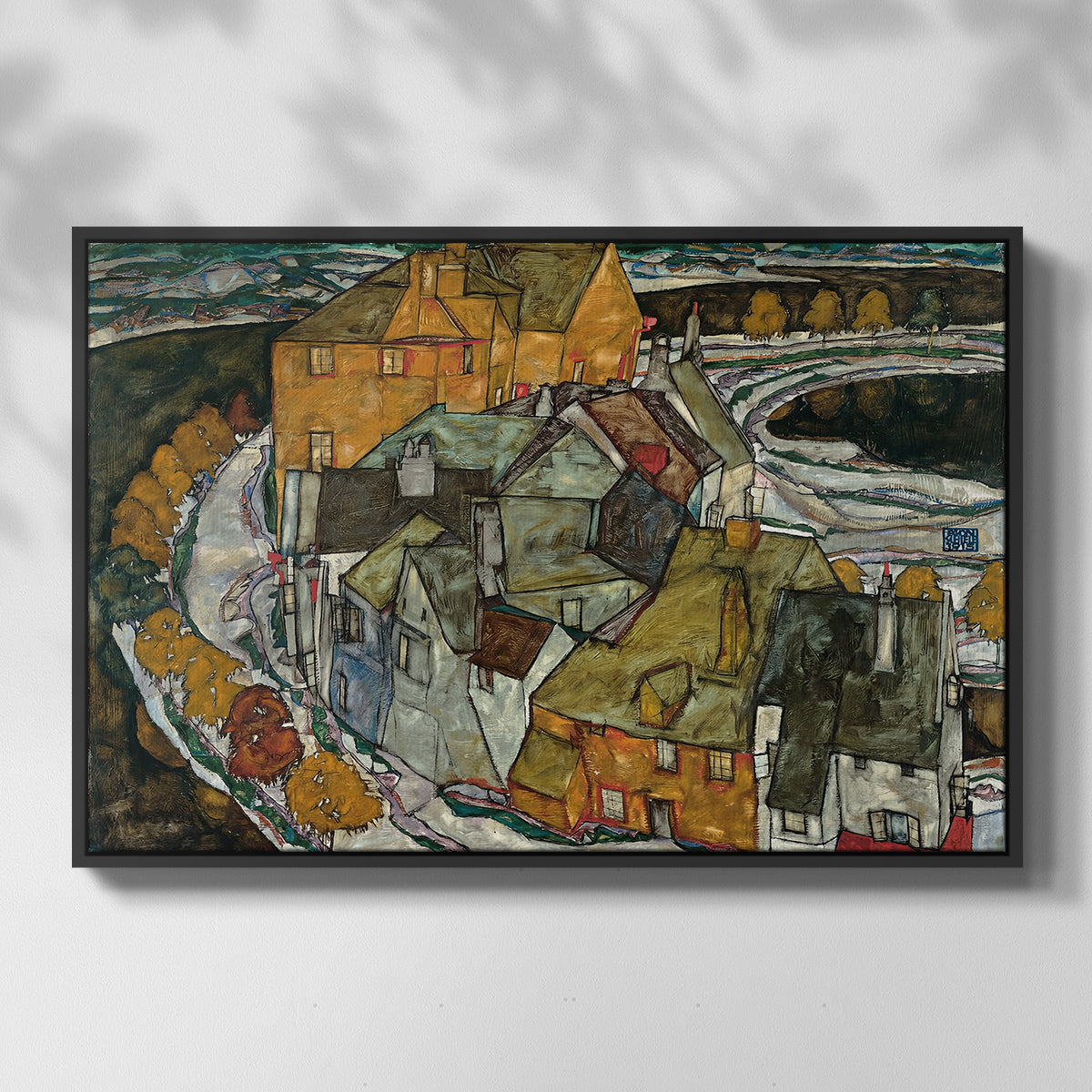 Front view of Crescent of Houses II (Island Town), 1915 by Egon Schiele in a black floater framed canvas.