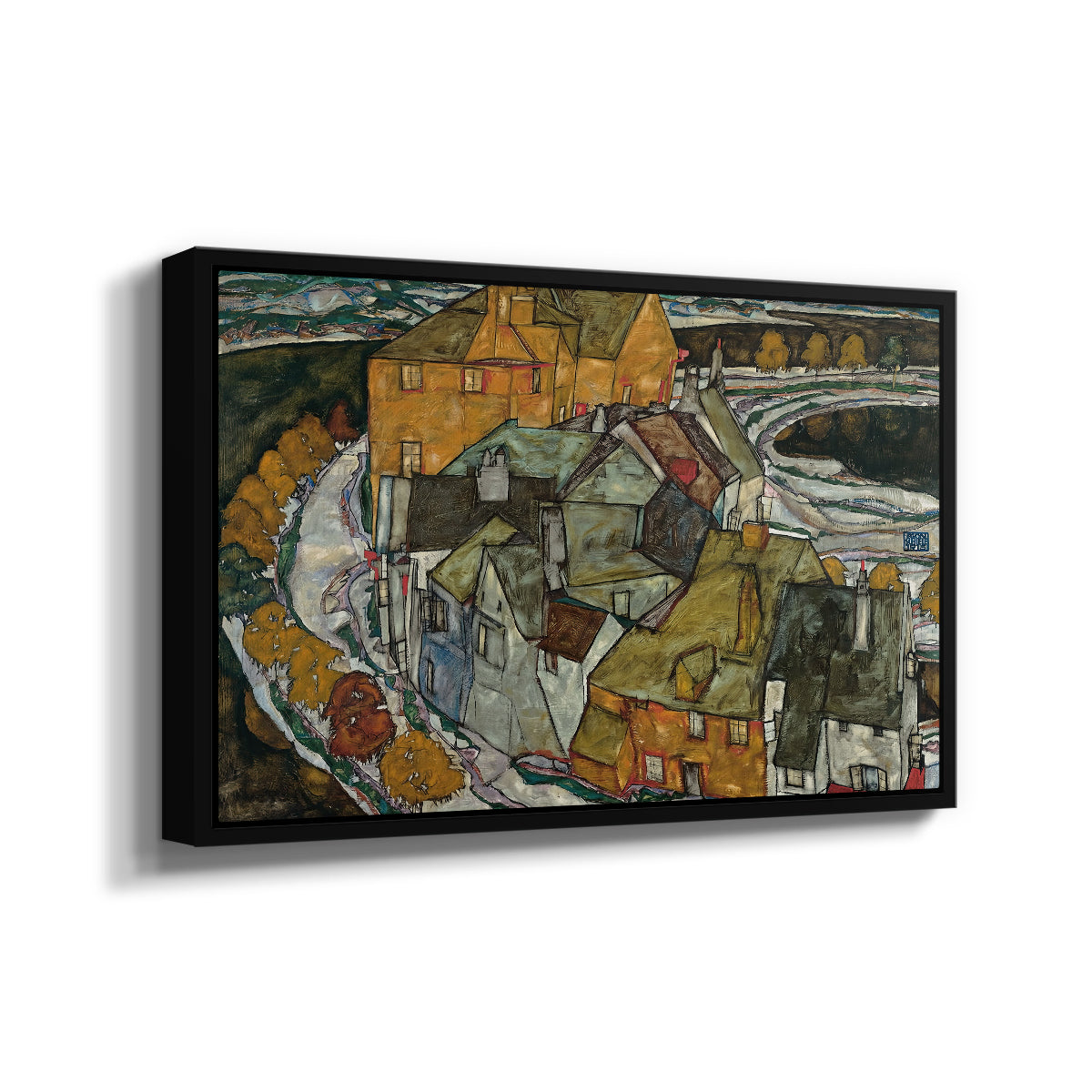 Angled view of Crescent of Houses II (Island Town), 1915 by Egon Schiele in a black floater framed canvas.