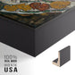 Close-up of the black floater frame corner and gallery wrapped canvas construction.
