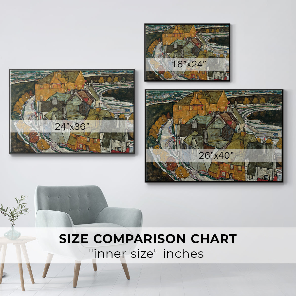Size comparison chart for black floater framed canvas featuring Crescent of Houses II (Island Town), 1915 by Egon Schiele.