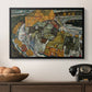 Crescent of Houses II (Island Town), 1915 by Egon Schiele in a black floater framed canvas displayed above a console table in a hallway, featuring an architectural scene with houses arranged in curved composition.