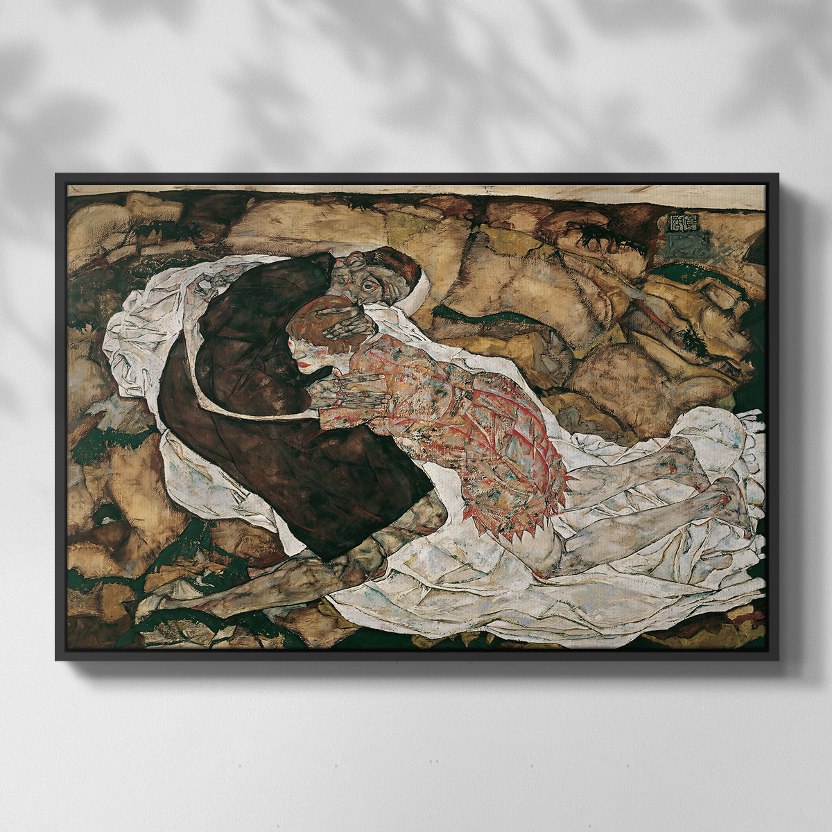 Front view of Death and the Maiden, 1915 by Egon Schiele in a black floater framed canvas.