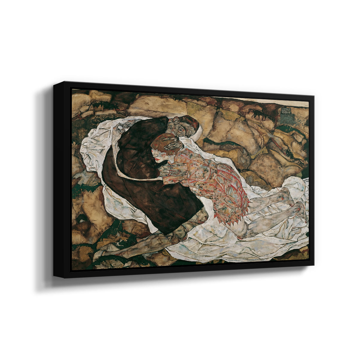 Angled view of Death and the Maiden, 1915 by Egon Schiele in a black floater framed canvas.