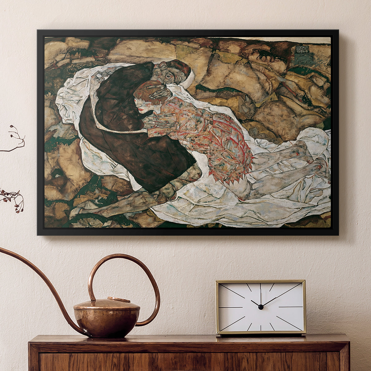 Black floater framed canvas featuring an expressionist painting of human figures in dramatic pose, displayed above a cabinet in a soft-toned living room.