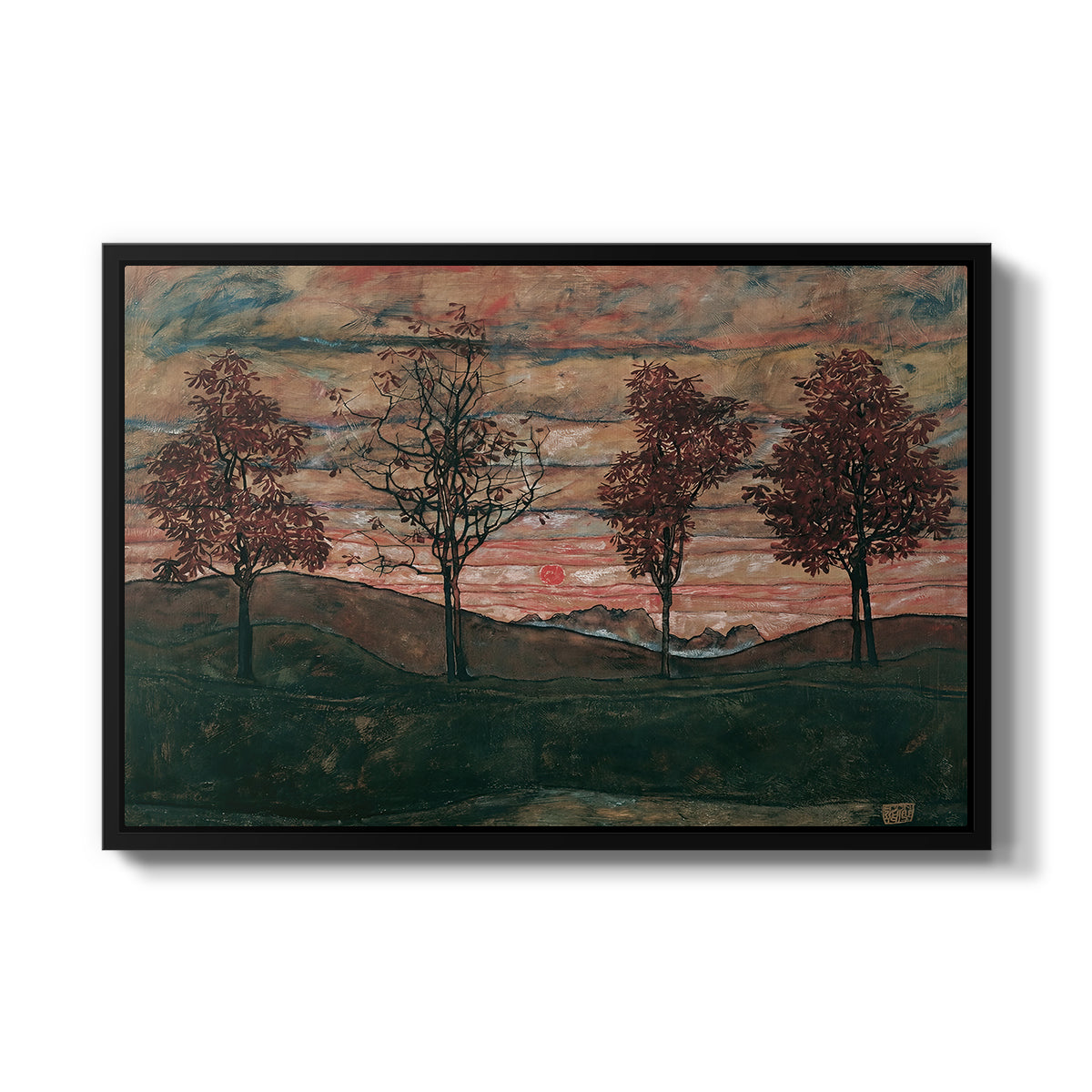 Four Trees, 1917 by Egon Schiele in a black floater framed canvas wall art display.