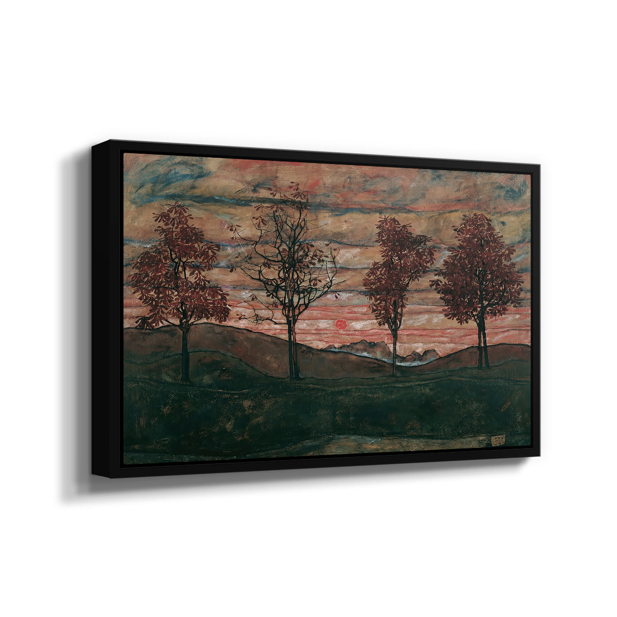 Angled view of Four Trees, 1917 by Egon Schiele in a black floater framed canvas.