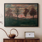 Black floater framed canvas featuring a stylized nature scene with strong outlines and simple composition, displayed above a cabinet in a soft-toned living room.