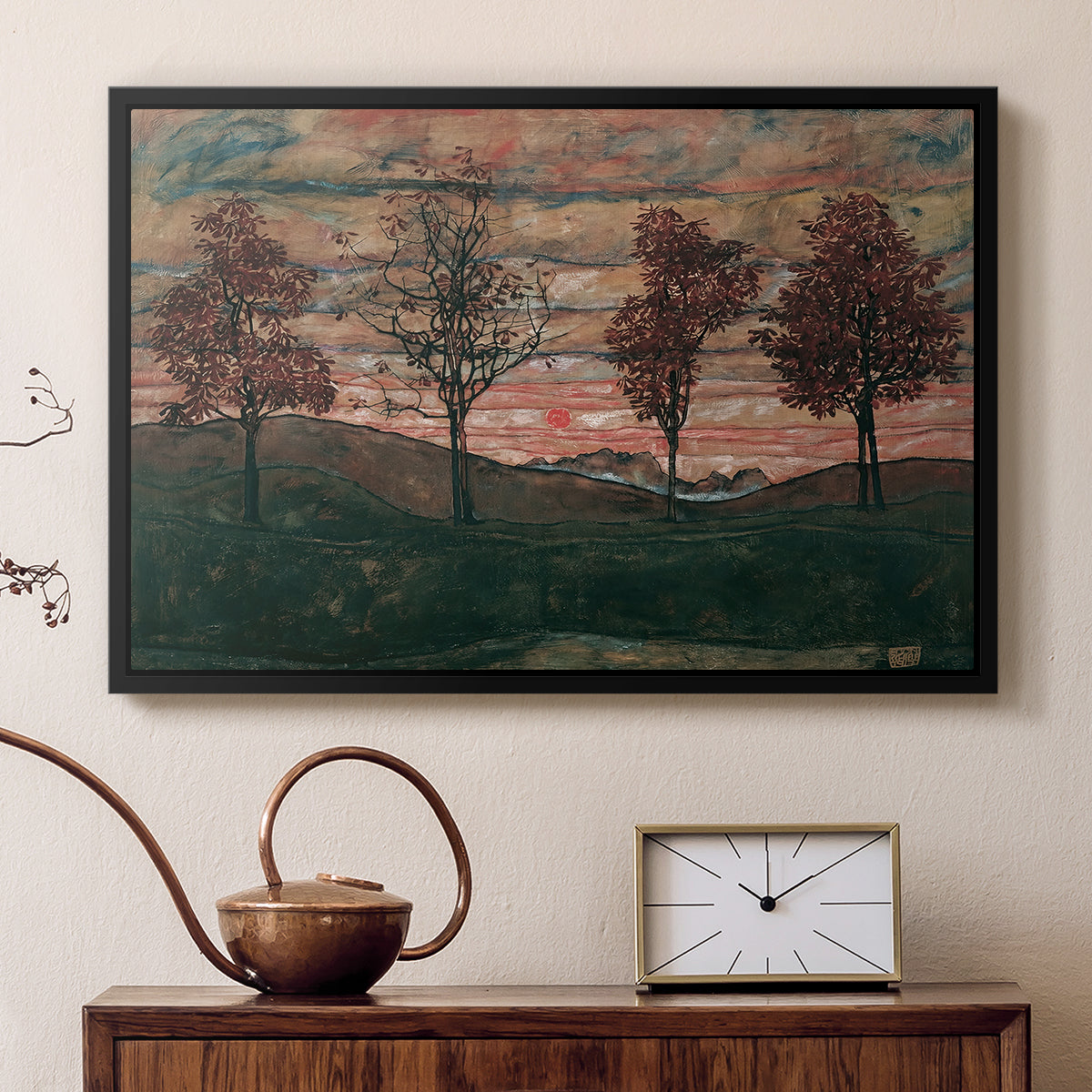 Black floater framed canvas featuring a stylized nature scene with strong outlines and simple composition, displayed above a cabinet in a soft-toned living room.
