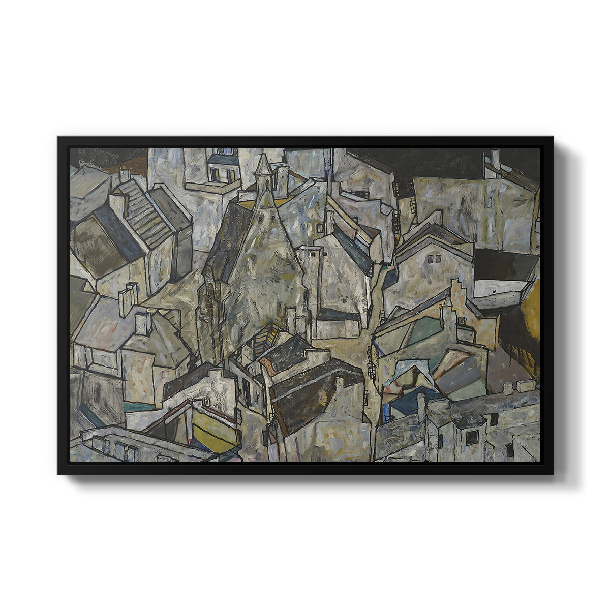 Mödling II, 1918 by Egon Schiele in a black floater framed canvas wall art display.