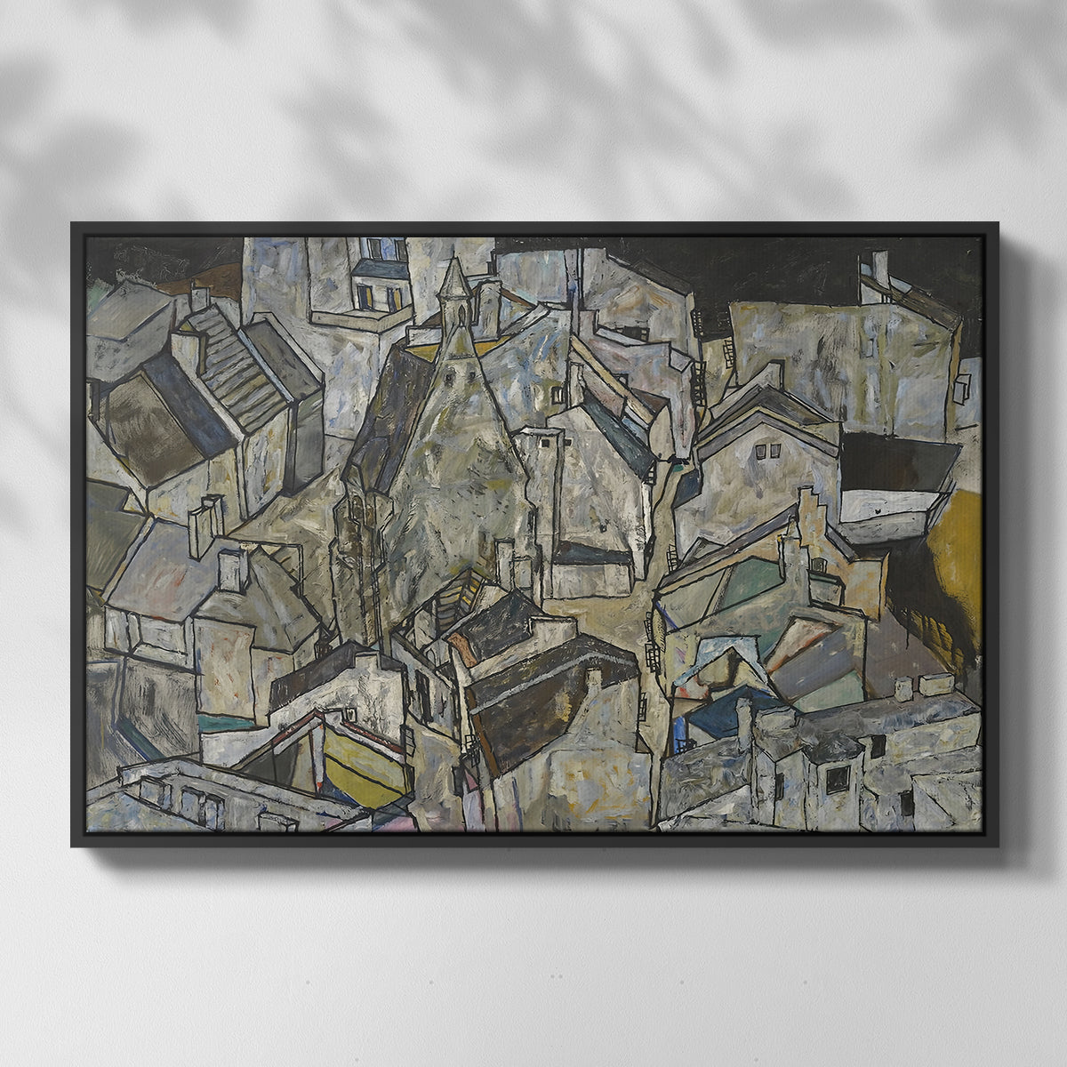 Front view of Mödling II, 1918 by Egon Schiele in a black floater framed canvas.