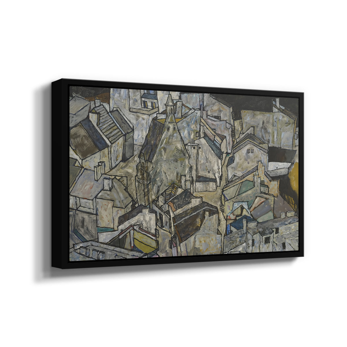 Angled view of Mödling II, 1918 by Egon Schiele in a black floater framed canvas.