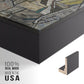 Close-up of the black floater frame corner and gallery wrapped canvas construction.