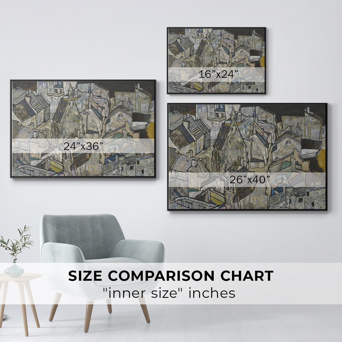 Size comparison chart for black floater framed canvas featuring Mödling II, 1918 by Egon Schiele.