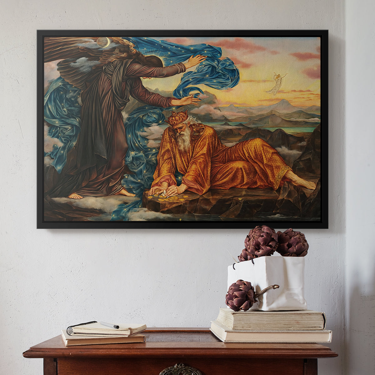 Black floater framed canvas featuring Earthbound, 1897 by Evelyn De Morgan above an entryway table in a minimalist foyer.