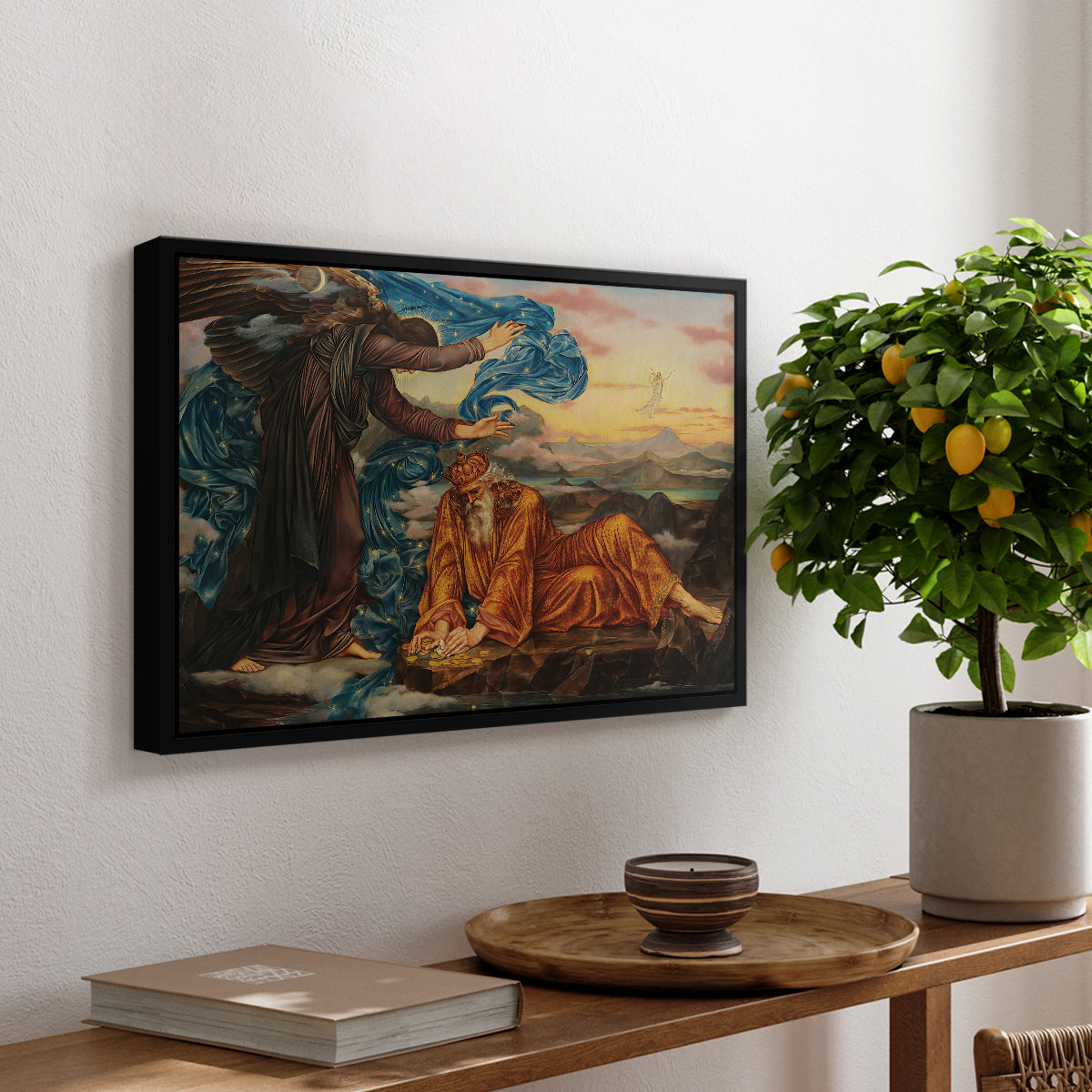 Earthbound, 1897 by Evelyn De Morgan, presented in a black floater framed canvas featuring a reclining female figure surrounded by symbolic elements in dreamlike setting, displayed above a hallway console table.