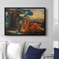 Earthbound, 1897 by Evelyn De Morgan displayed above a sofa in a living room in a black floater frame, featuring an allegorical scene with woman resting amid flowing drapery and landscape.