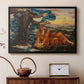 Black floater framed canvas featuring a symbolic composition exploring human form and spiritual themes, displayed above a cabinet in a soft-toned living room.