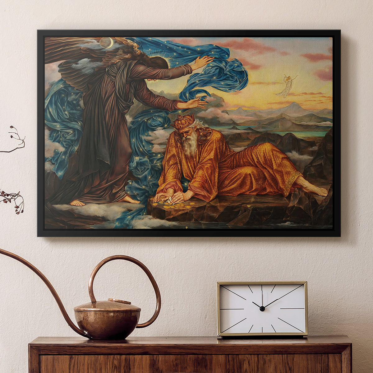 Black floater framed canvas featuring a symbolic composition exploring human form and spiritual themes, displayed above a cabinet in a soft-toned living room.