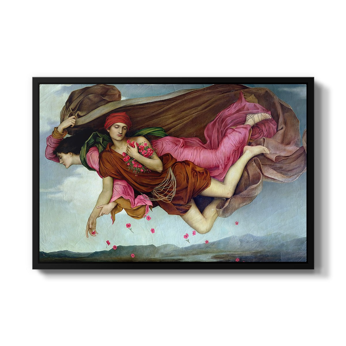 Night and Sleep, 1878 by Evelyn De Morgan in a black floater framed canvas wall art display.
