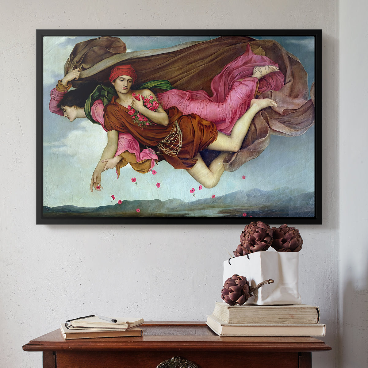 Black floater framed canvas featuring Night and Sleep, 1878 by Evelyn De Morgan above an entryway table in a minimalist foyer.
