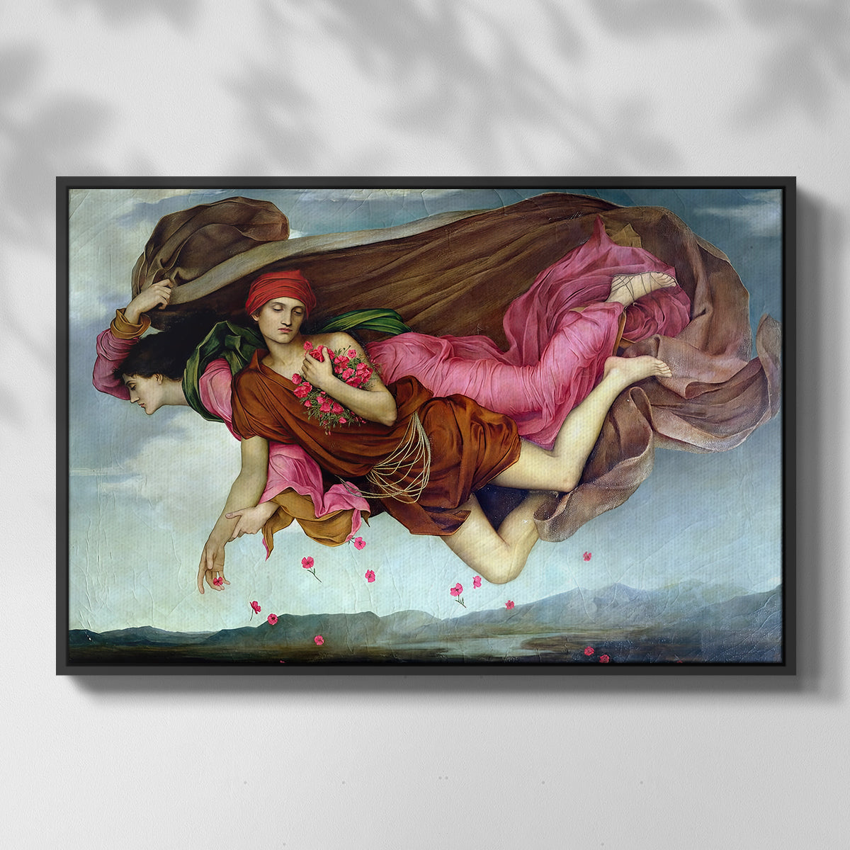 Front view of Night and Sleep, 1878 by Evelyn De Morgan in a black floater framed canvas.