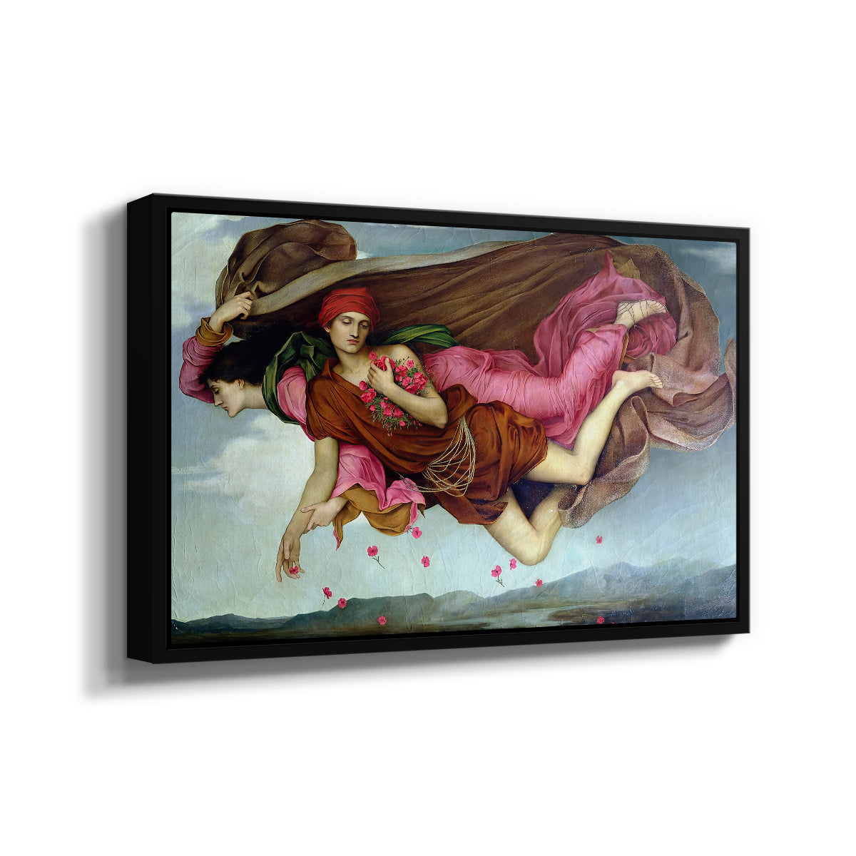 Angled view of Night and Sleep, 1878 by Evelyn De Morgan in a black floater framed canvas.