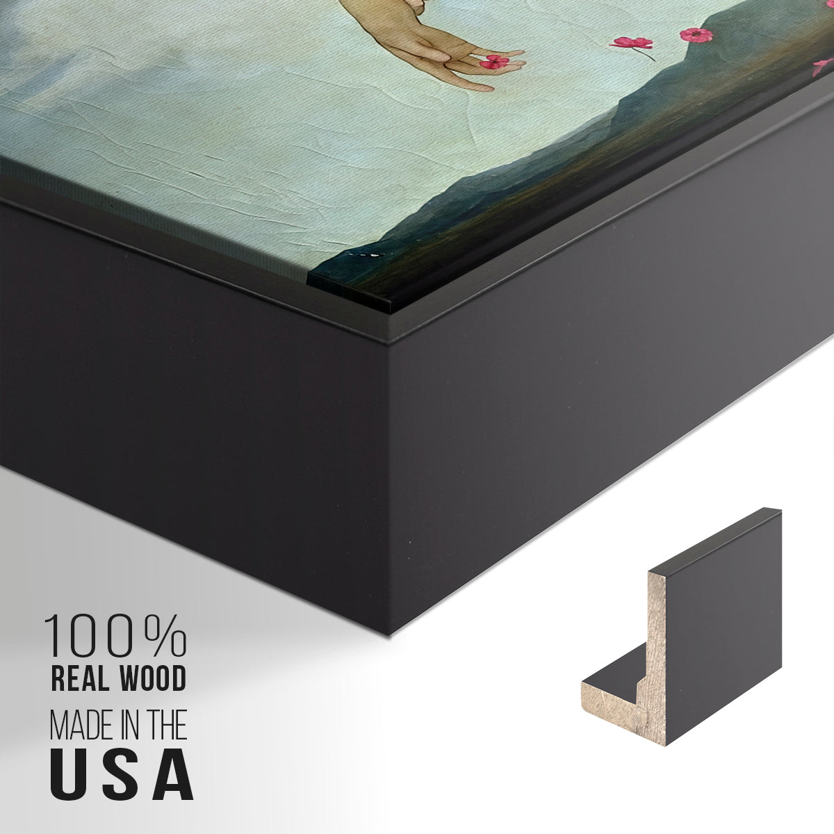 Close-up of the black floater frame corner and gallery wrapped canvas construction.