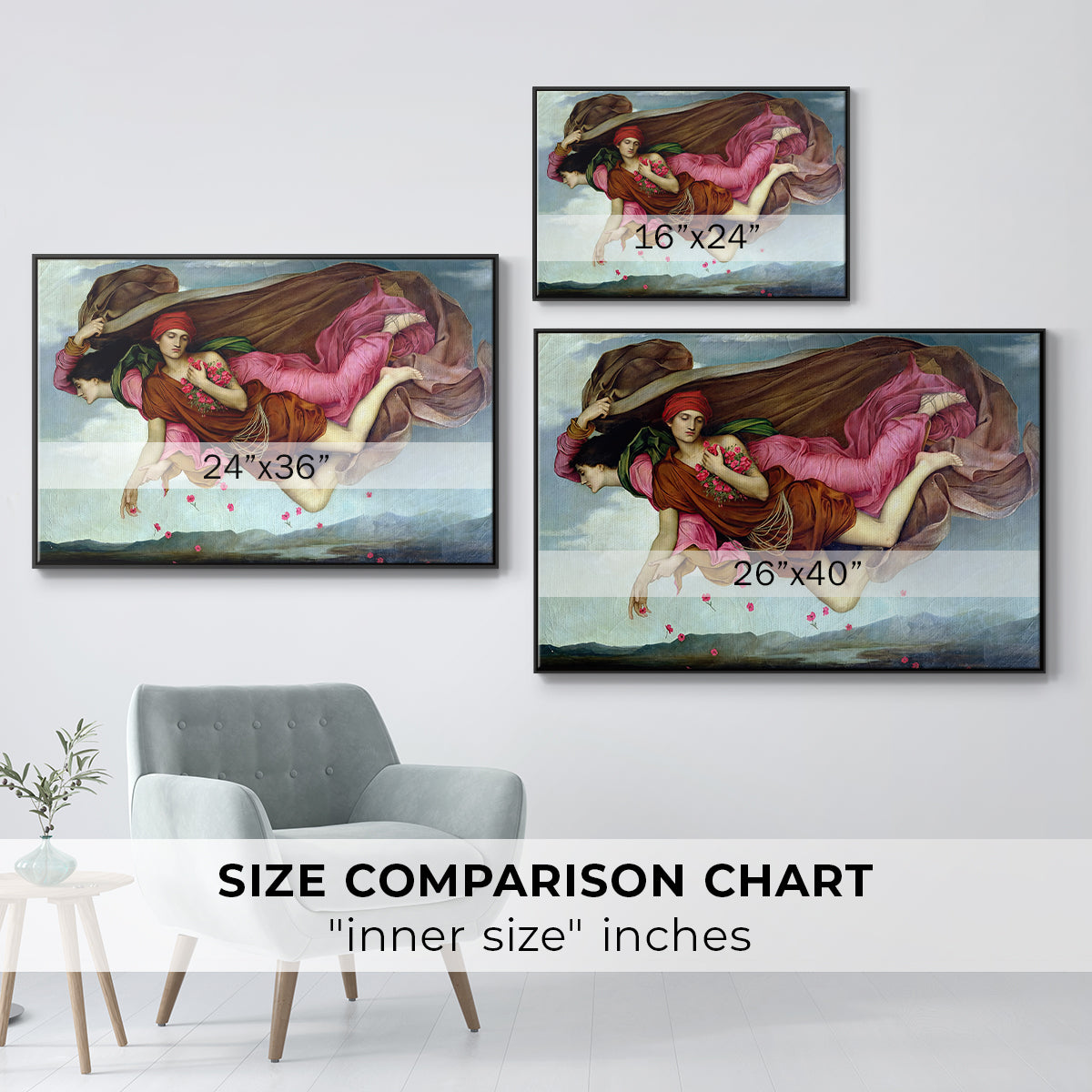 Size comparison chart for black floater framed canvas featuring Night and Sleep, 1878 by Evelyn De Morgan.