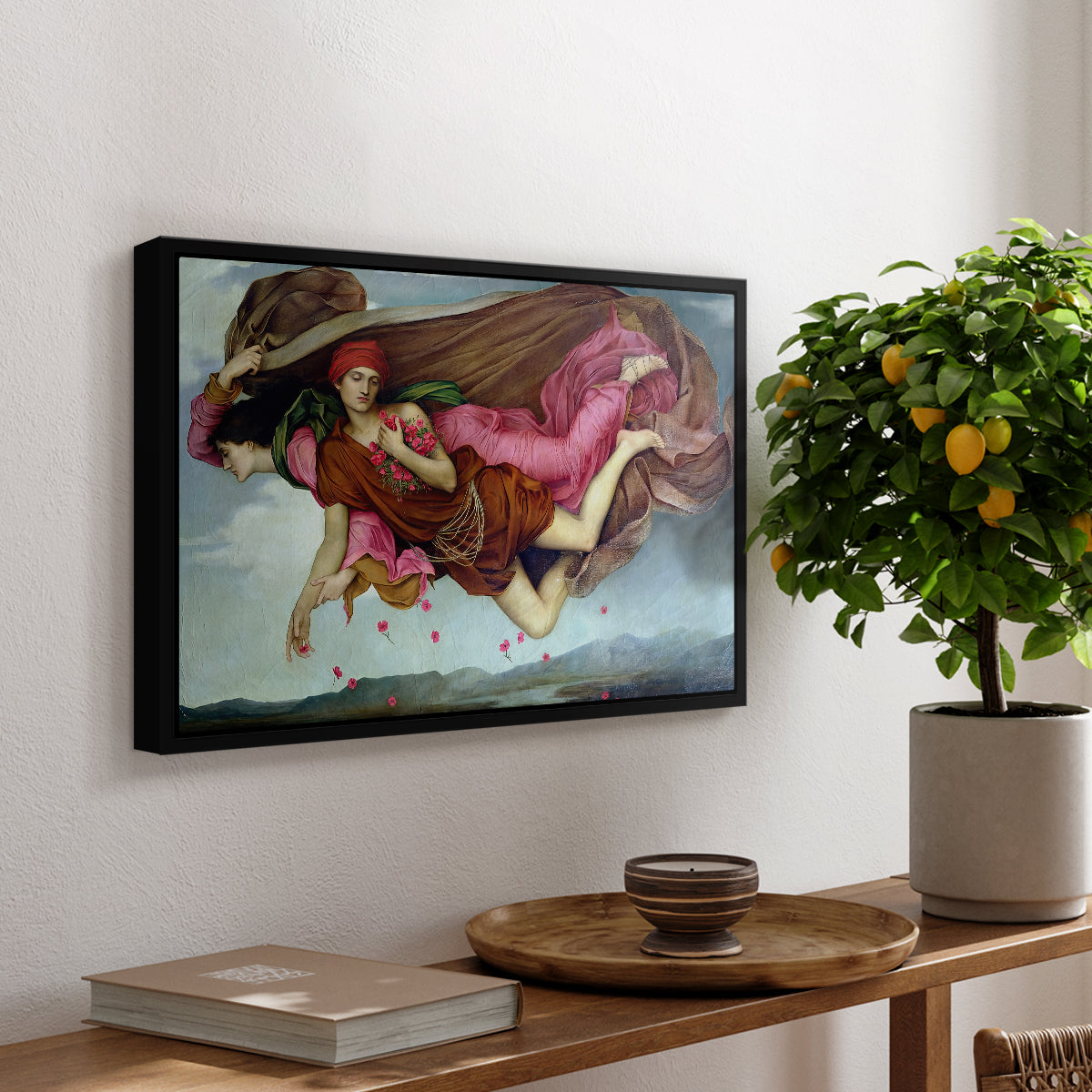 Night and Sleep, 1878 by Evelyn De Morgan, presented in a black floater framed canvas featuring two intertwined female figures floating through dark sky representing night and sleep, displayed above a hallway console table.