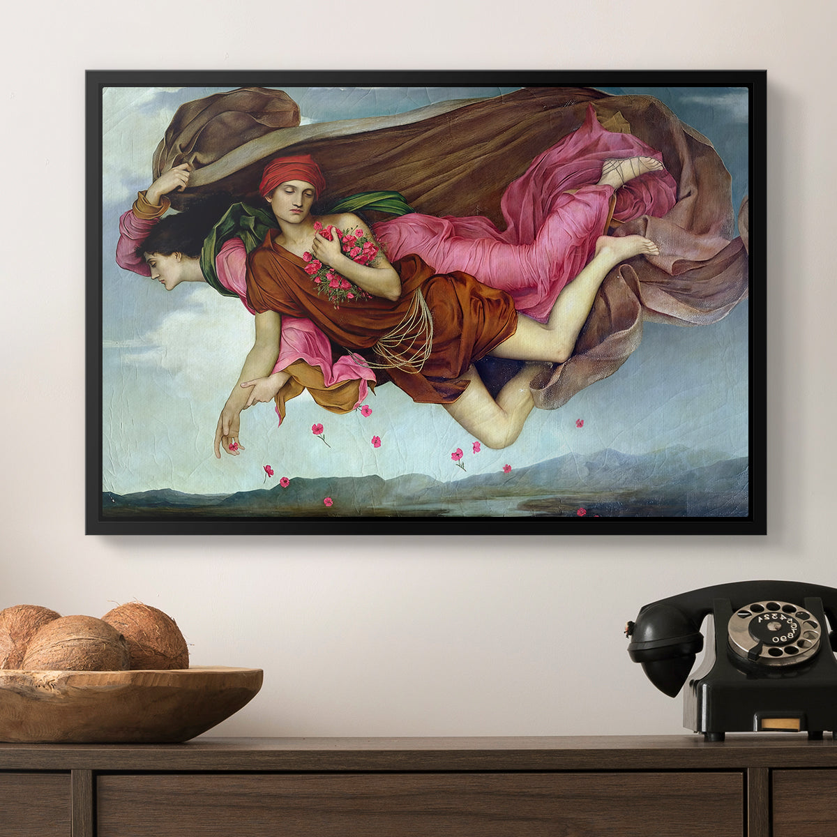 Night and Sleep, 1878 by Evelyn De Morgan in a black floater framed canvas displayed above a console table in a hallway, featuring an allegorical painting of intertwined figures in celestial setting.