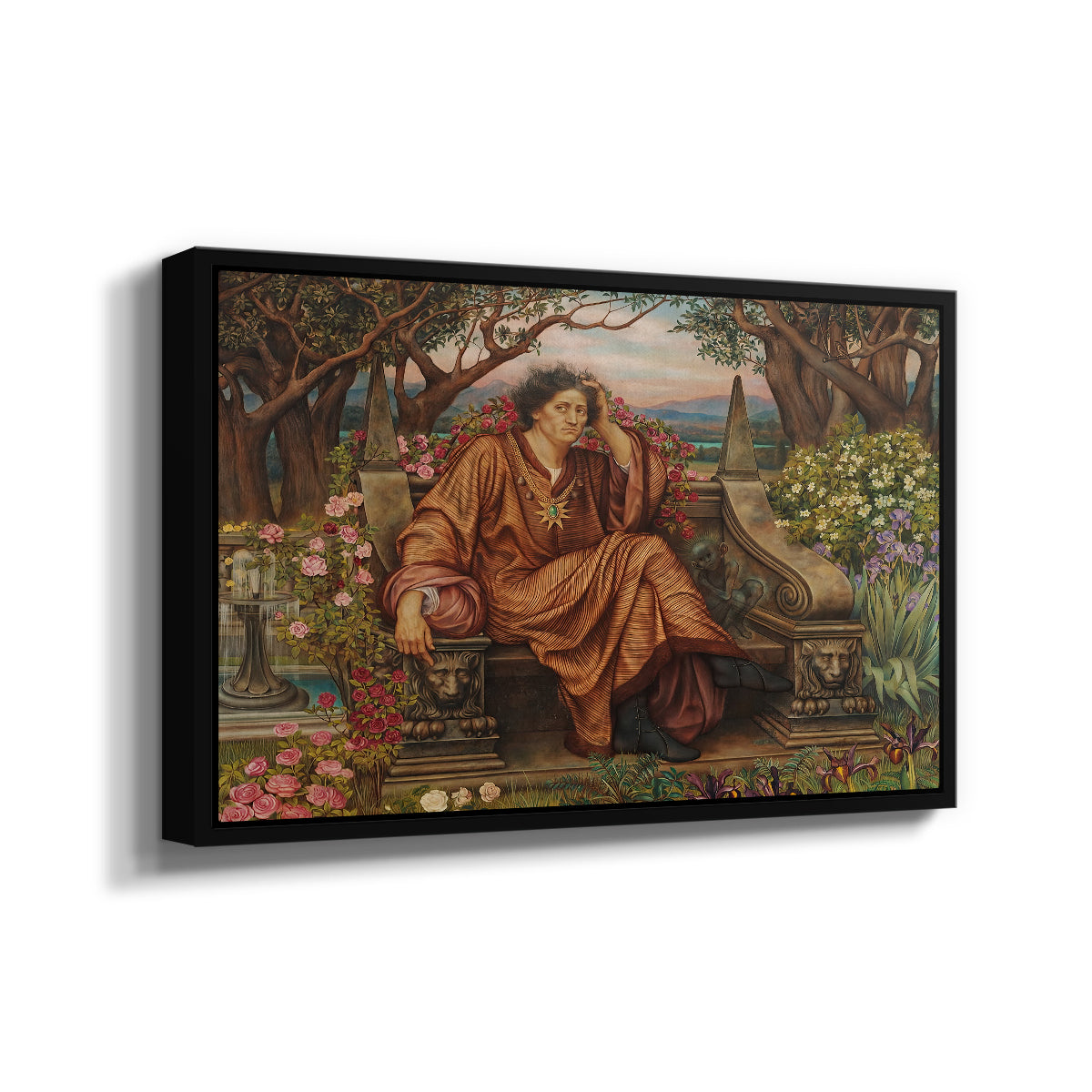 Angled view of A Soul in Hell, c. 1901-1902 by Evelyn De Morgan in a black floater framed canvas.
