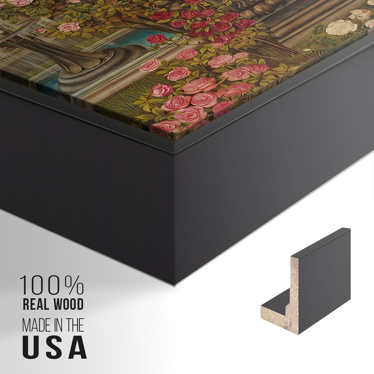 Close-up of the black floater frame corner and gallery wrapped canvas construction.