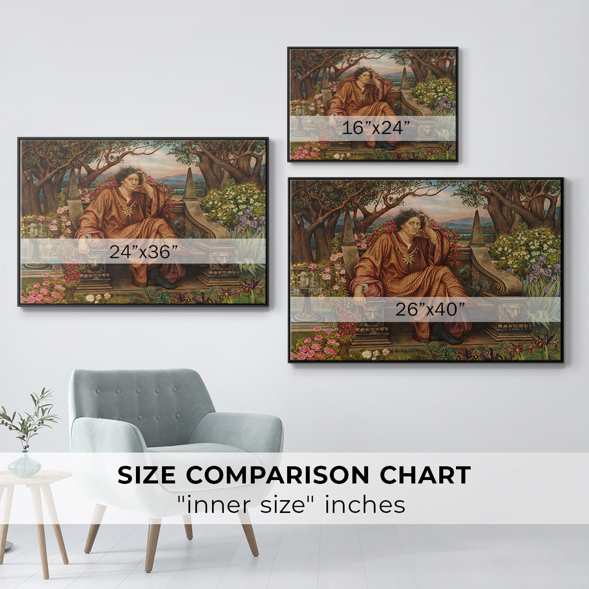 Size comparison chart for black floater framed canvas featuring A Soul in Hell, c. 1901-1902 by Evelyn De Morgan.