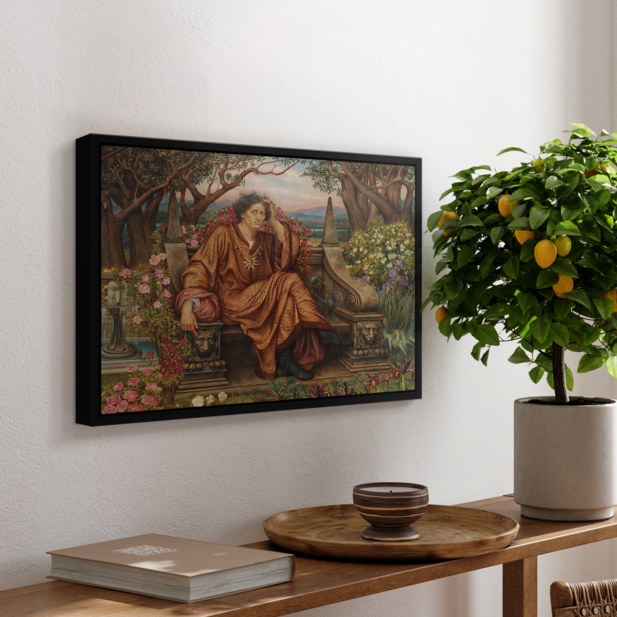 A Soul in Hell, c. 1901-1902 by Evelyn De Morgan, presented in a black floater framed canvas featuring a distressed figure surrounded by flames and torment in symbolic hell scene, displayed above a hallway console table.