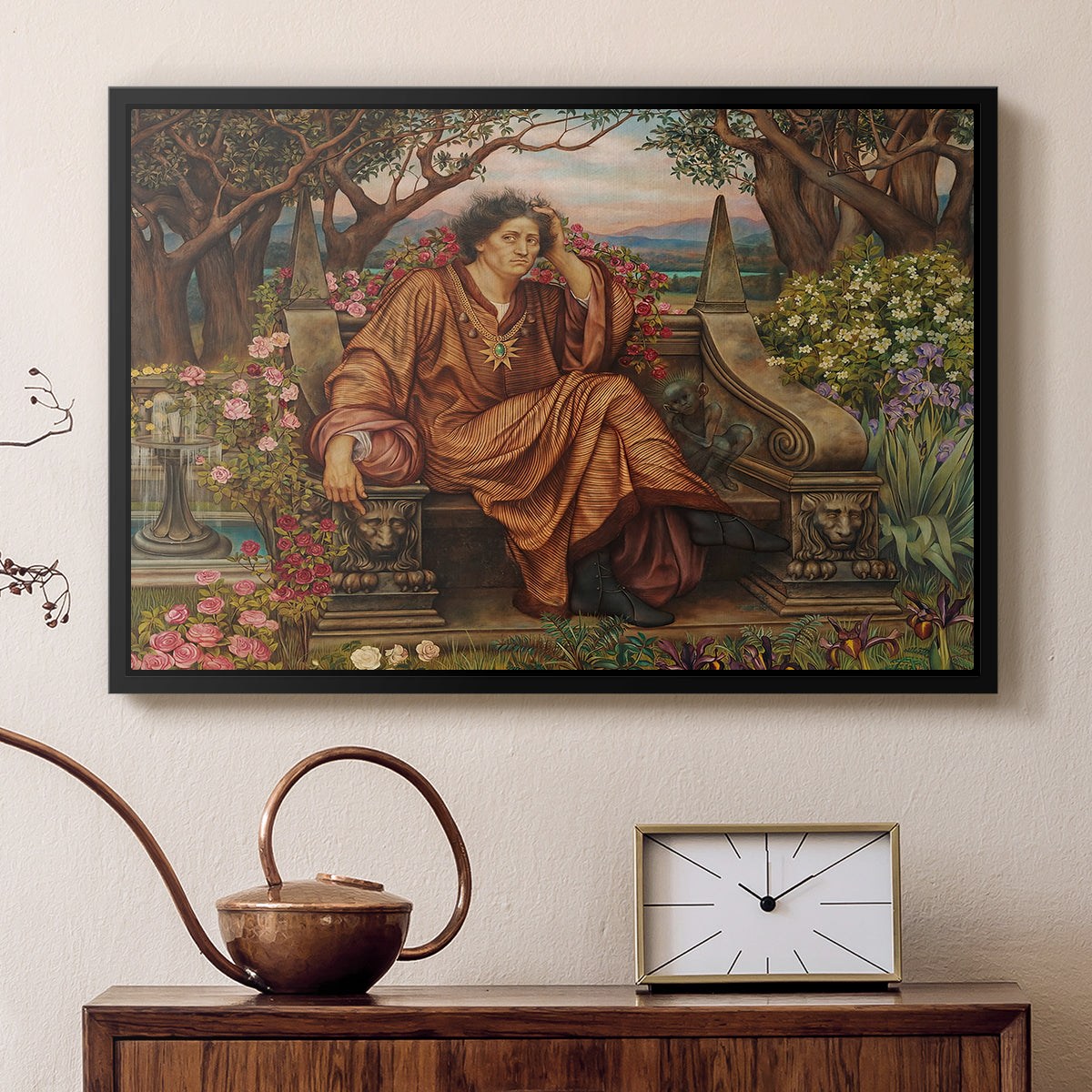 Black floater framed canvas featuring a symbolic depiction of soul in anguish amid chaotic forms, displayed above a cabinet in a soft-toned living room.