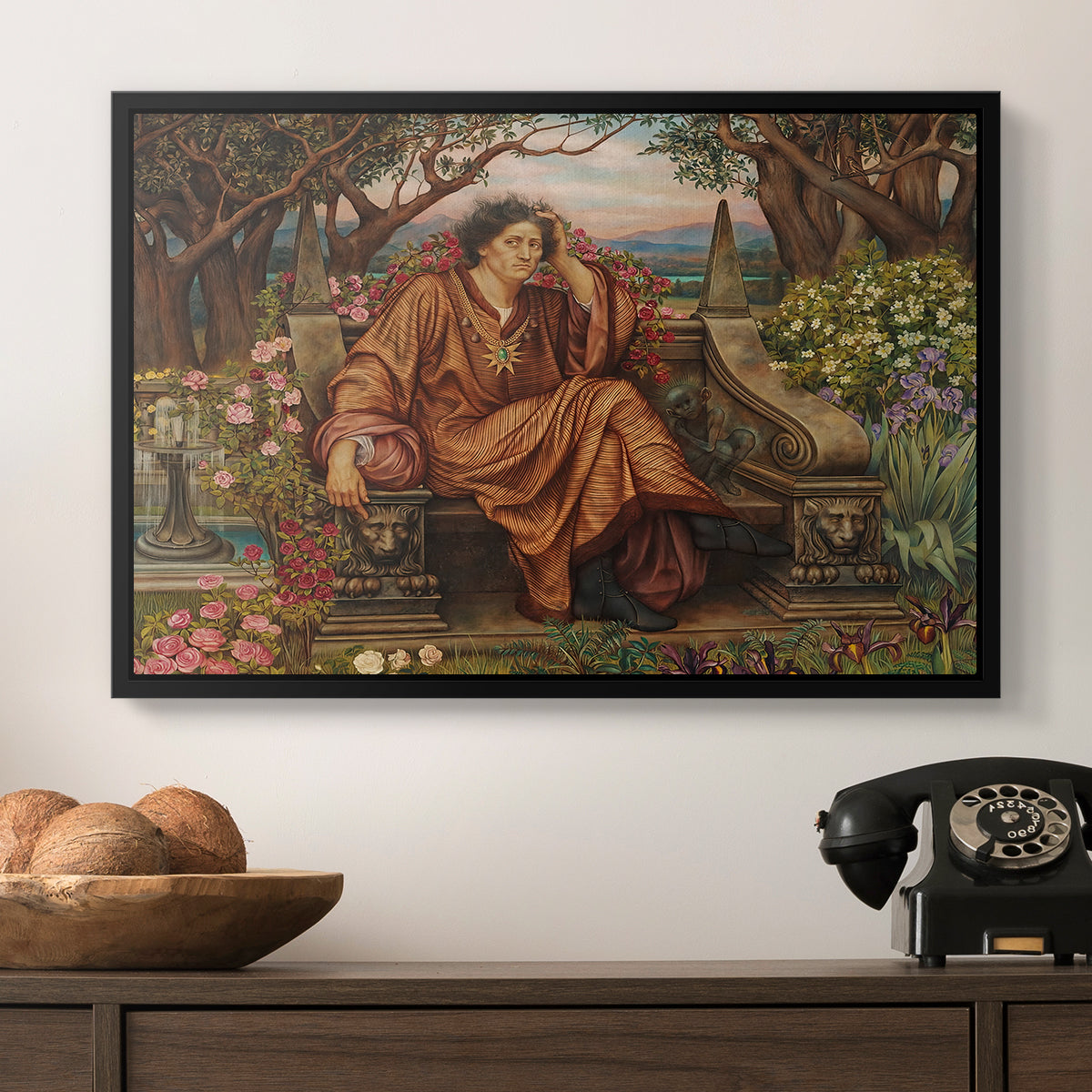 A Soul in Hell, c. 1901-1902 by Evelyn De Morgan in a black floater framed canvas displayed above a console table in a hallway, featuring an emotional scene representing torment and spiritual struggle.