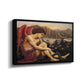 Angled view of The Angel with the Serpent, c. 1870-1875 by Evelyn De Morgan in a black floater framed canvas.