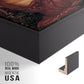 Close-up of the black floater frame corner and gallery wrapped canvas construction.
