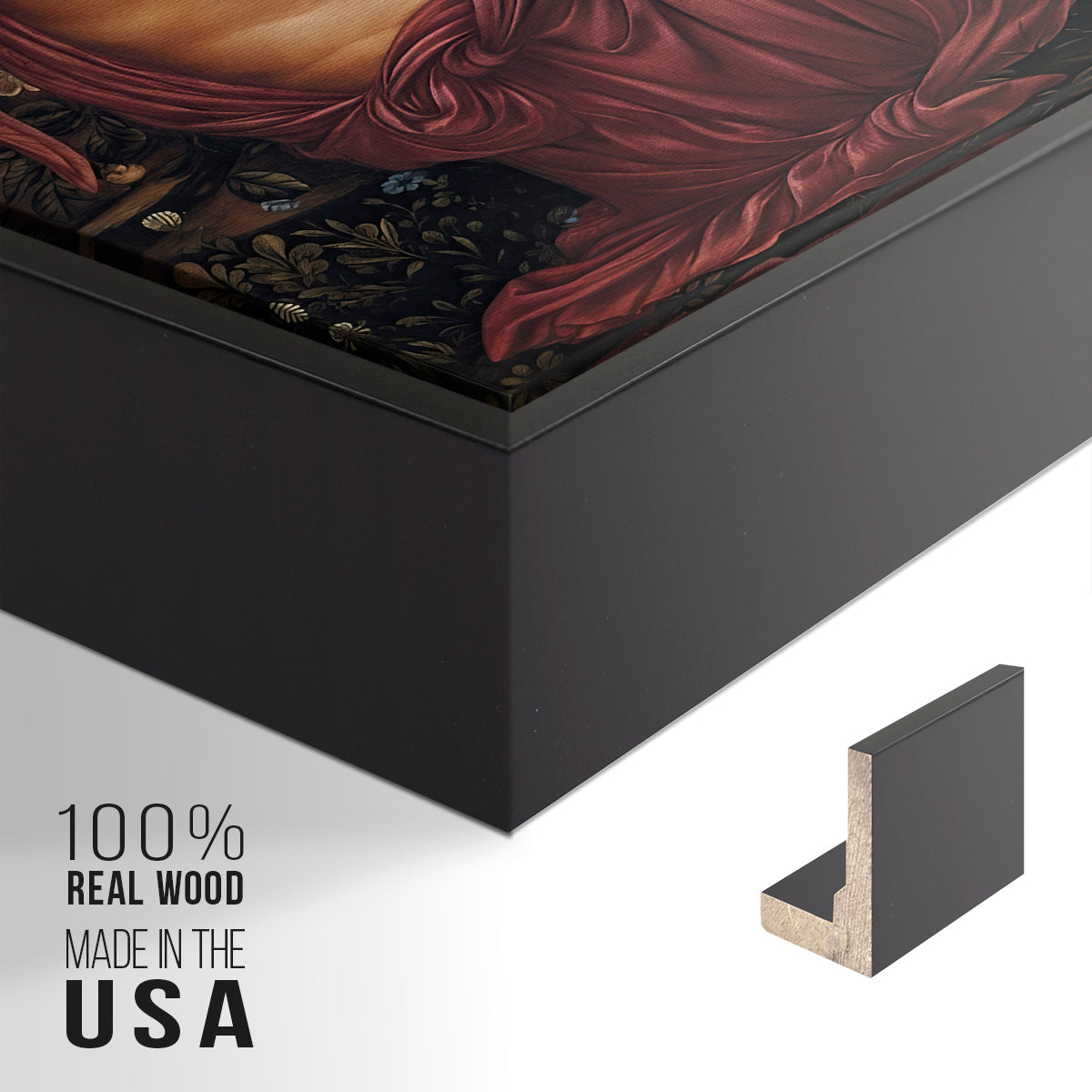 Close-up of the black floater frame corner and gallery wrapped canvas construction.