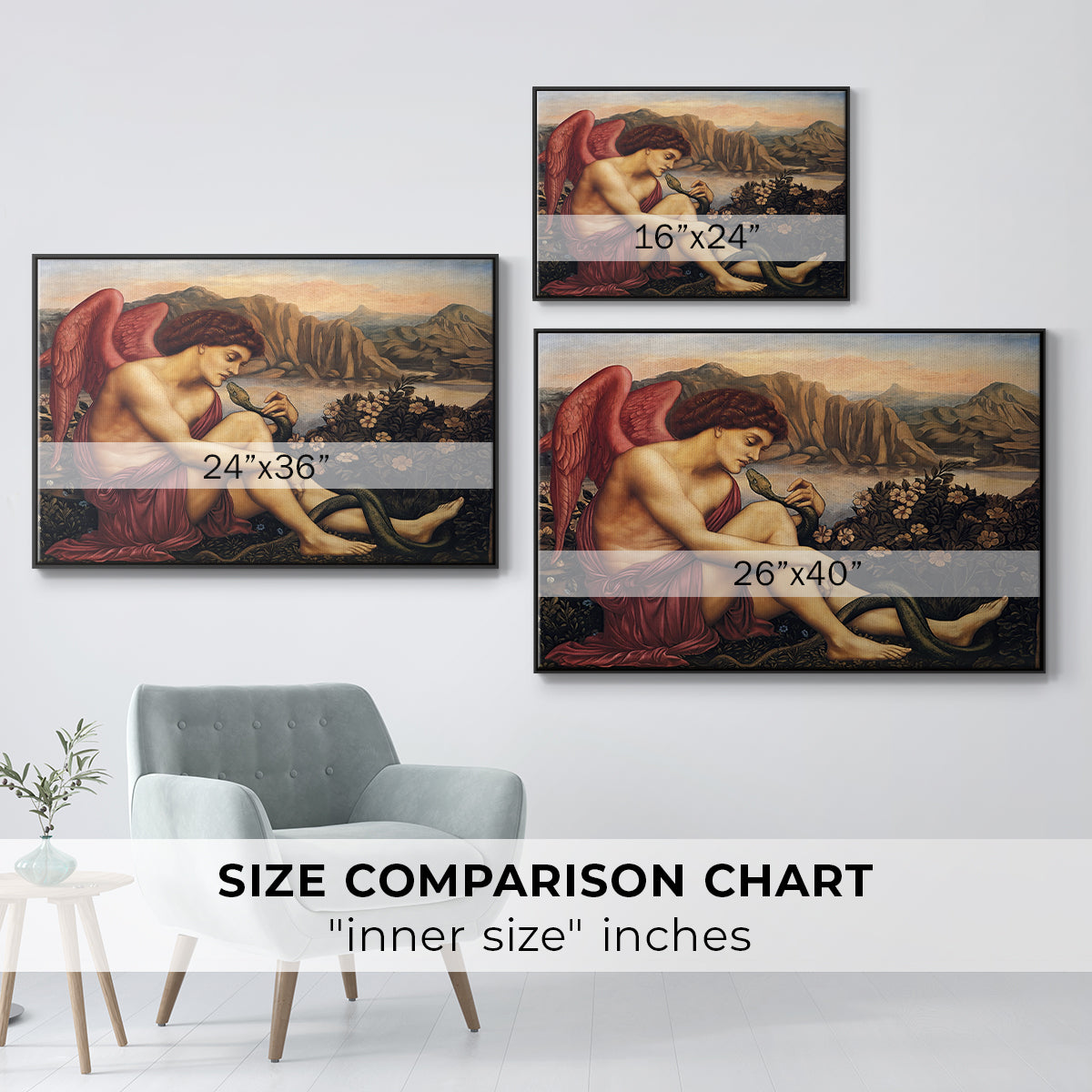 Size comparison chart for black floater framed canvas featuring The Angel with the Serpent, c. 1870-1875 by Evelyn De Morgan.