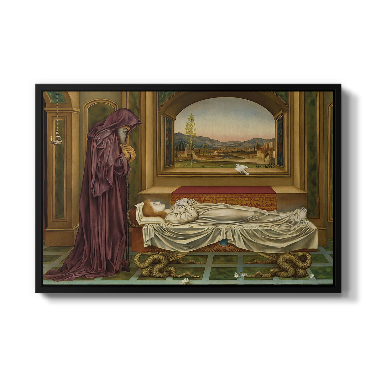 The Wandering Jew: Whom the Gods Love Die Young, 1888 by Evelyn De Morgan in a black floater framed canvas wall art display.