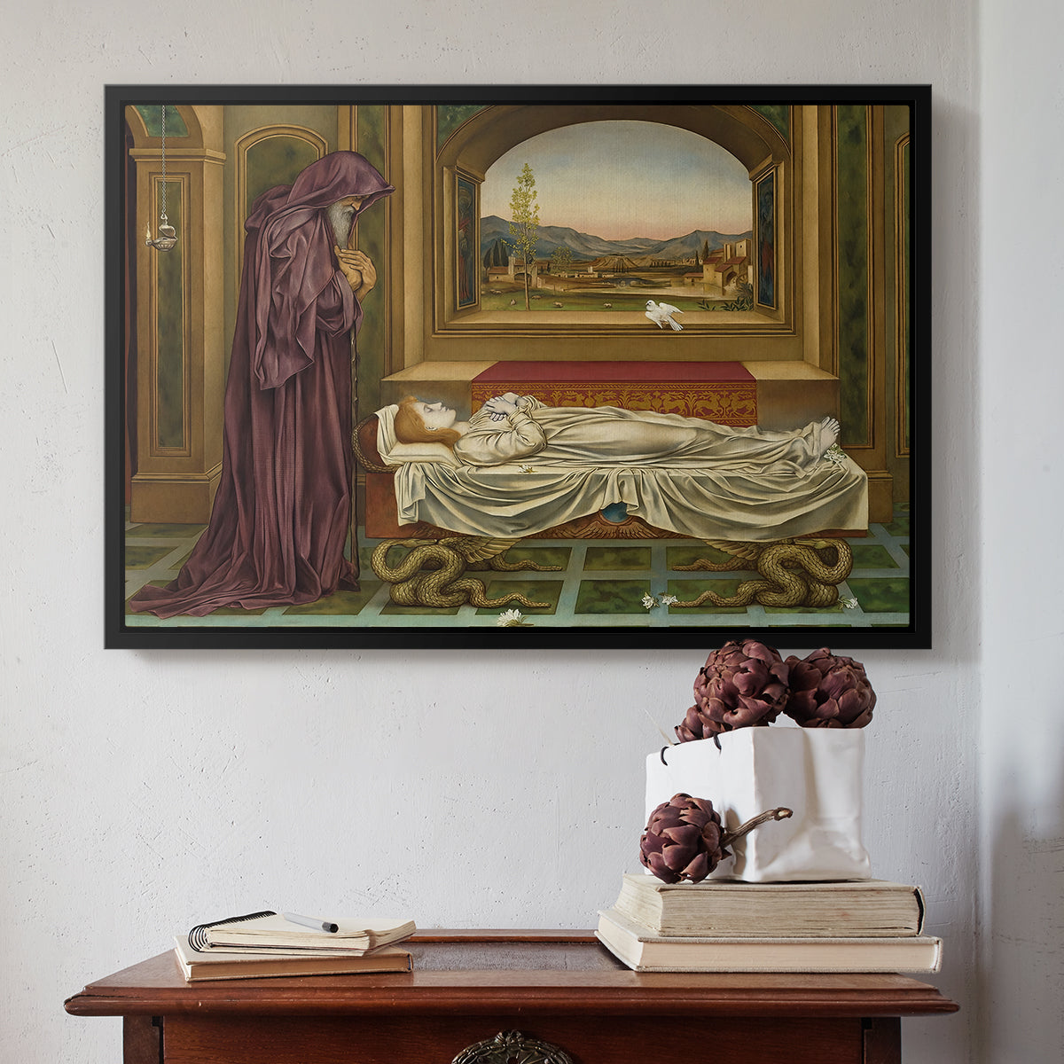 Black floater framed canvas featuring The Wandering Jew: Whom the Gods Love Die Young, 1888 by Evelyn De Morgan above an entryway table in a minimalist foyer.