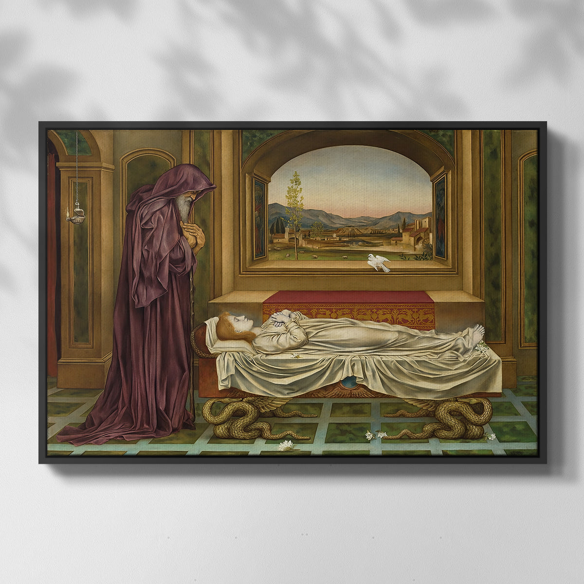 Front view of The Wandering Jew: Whom the Gods Love Die Young, 1888 by Evelyn De Morgan in a black floater framed canvas.